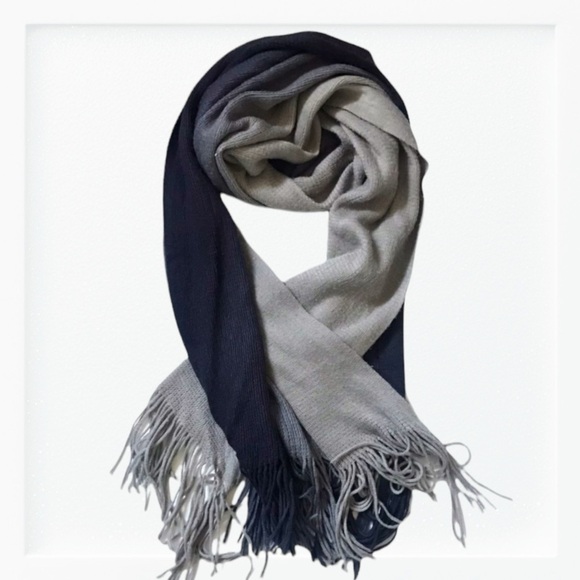 Wide Soft Navy & Grey Ombré Fringe Scarf - Picture 1 of 8